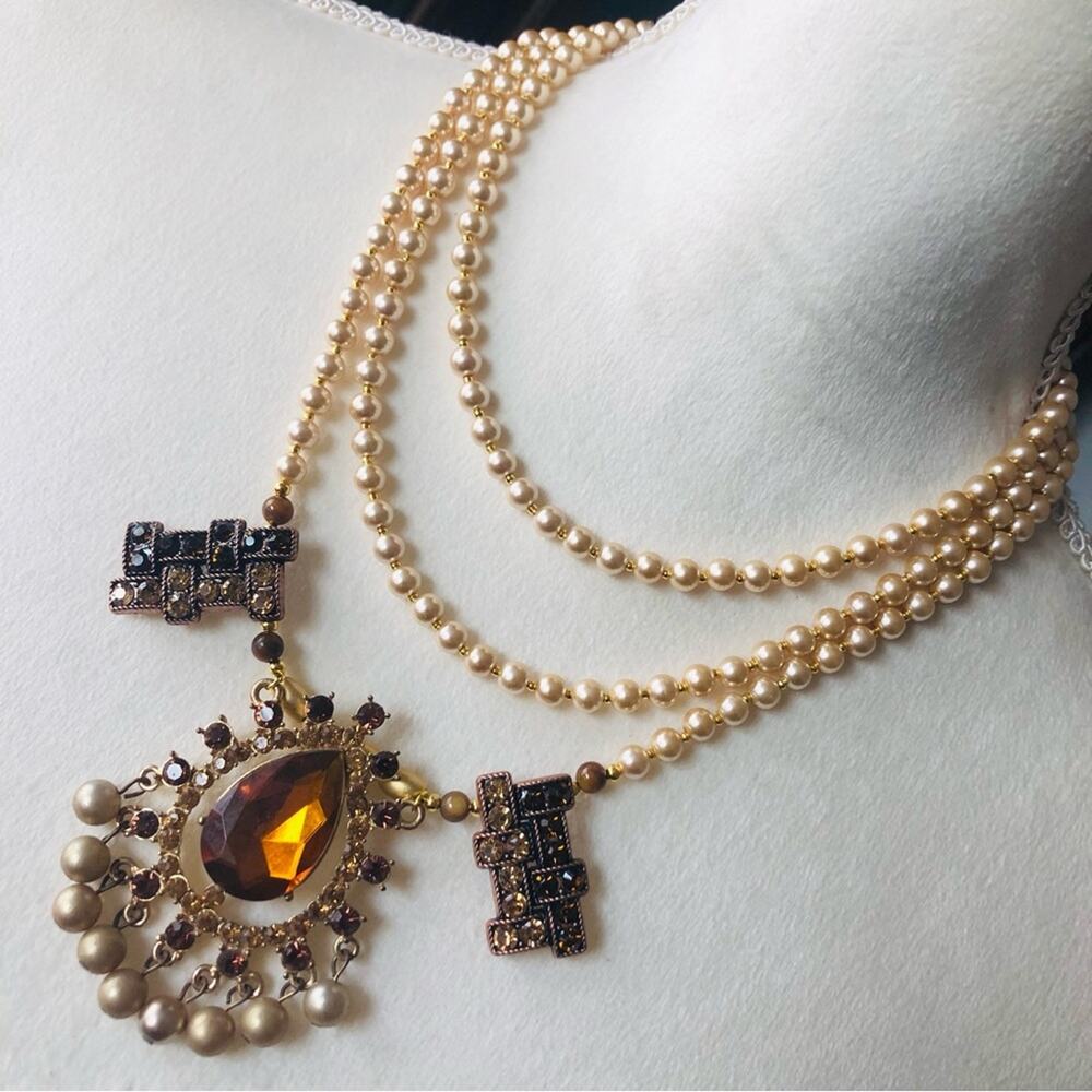 Handcrafted repurpose brown topaz gem Czech glass Pearl toggle clasp necklace
